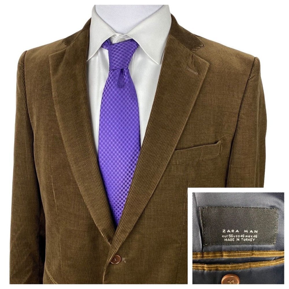 ZARA MAN Corduroy Blazer Brown Cotton Two Button Sport Coat Suit Jacket